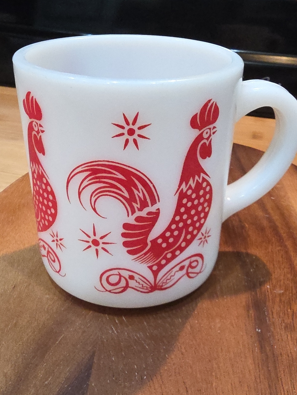 Vintage Red Rooster Milk Glass Coffee Mug - White and Red
